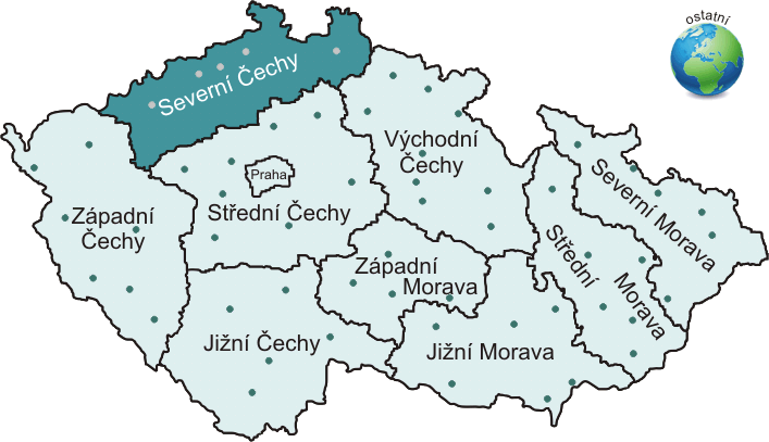 Mapa oblastí ČR + svět
